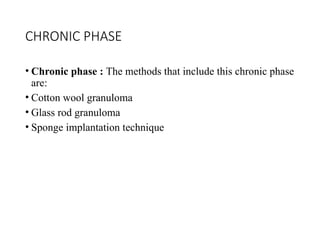 CHRONIC PHASE
• Chronic phase : The methods that include this chronic phase
are:
• Cotton wool granuloma
• Glass rod granuloma
• Sponge implantation technique
 