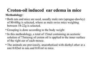 Croton-oil induced ear edema in mice
Methodology:
• Both rats and mice are used, usually male rats (sprague-dawley)
of 80-60kg is selected, where as male swiss mice weighing
between 18-22g is selected.
• Grouping is done according to the body weight
• In this methodology, a total of 15mul containing an acetonic
solution of 75microg of croton oil is applied to the inner surface
of the right ear of each mouse.
• The animals are previously, anaesthetised with diethyl ether at a
rate 0.02ml in rats and 0.01ml in mice.
 