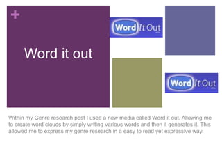 +
Word it out

Within my Genre research post I used a new media called Word it out. Allowing me
to create word clouds by simply writing various words and then it generates it. This
allowed me to express my genre research in a easy to read yet expressive way.

 