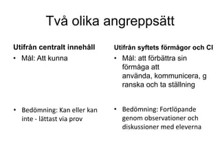 Två olika angreppsätt
Utifrån centralt innehåll    Utifrån syftets förmågor och CI
• Mål: Att kunna             • Mål: att förbättra sin
                               förmåga att
                               använda, kommunicera, g
                               ranska och ta ställning


• Bedömning: Kan eller kan   • Bedömning: Fortlöpande
  inte - lättast via prov      genom observationer och
                               diskussioner med eleverna
 