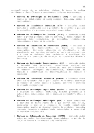 10
desenvolvimento de um ambicioso sistema de bases de dados,
devidamente classificados e organizados conforme apresentamos:

  •   Sistema de Informação do Funcionário (SIF) - contendo o
      perfil do colaborador no campo pessoal, familiar, social e
      profissional;

  •   Sistema de Informação Gerencial (SIG) - contendo dados
      tratados e analisados com o propósito de orientar a postura
      do executivo e o processo gerencial corporativo;

  •   Sistema de Informação do Cliente (SICLI) – contendo dados
      sobre o perfil personalizado de consumo, a classificação de
      produtos   mais  consumidos,   as  sugestões,  reclamações,
      necessidades e desejos do cliente;

  •   Sistema de Informação do Fornecedor (SIFOR) – contendo a
      trajetória   de   fornecimentos  ao   longo   do   vinculo
      corporativo, incluindo situações de atendimento e não
      atendimento aos pedidos, parceria em projetos corporativos
      e a soma de esforços para satisfazer a qualidade dos
      produtos e a prestação de serviços ao consumidor direto e
      indireto;

  •   Sistema de Informação Concorrencial (SIC) – contendo dados
      a   respeito  dos   principais  concorrentes  corporativos
      divididos entre diretos e indiretos, seus posicionamentos
      no mercado, inovações organizacionais, diferenciais de
      mercado e estratégias de desenvolvimento do mercado e
      produtos;

  •   Sistema de Informação Econômica (SIECO) - contendo dados
      oficiais quantitativos e qualitativos da dinâmica econômica
      do mercado em termos locais e globais, conforme o segmento
      de atuação corporativa;

  •   Sistema de Informação Legislativa (SILEG) – contendo dados
      a respeito de normas, portarias, medidas provisórias e
      outras leis relacionadas com o segmento corporativo atual e
      futuro;

  •   Sistema de Informação Estratégica (SIE) – dados combinados
      e tratados de forma planejada e que servem para criar,
      acompanhar e avaliar o processo de gestão estratégica
      corporativa quanto ao desenvolvimento de produtos, mercado,
      consumo, inovação organizacional, tecnológica e estrutural
      no ambiente corporativo;

  •   Sistema de Informação de Parcerias (SIPAR) – contendo dados
      sobre parcerias institucionais desenvolvidas, a partir de
      projetos comuns e interesses complementares;
 