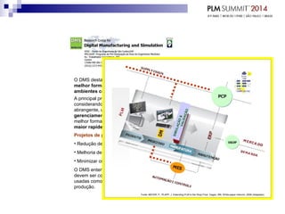 O DMS destaca os principais aspectos para produzir produtos da
melhor forma usando todo o potencial da manufatura digital e dos
ambientes colaborativos globais.
A principal proposta é transformar o mundo real em mundo virtual
considerando todos os aspectos para um ambiente de manufatura
abrangente, usando planejamento de processos, ferramentas de
gerenciamento e validação para auxiliar as tomadas de decisões da
melhor forma possível para produzir e lançar produtos no mercado com
maior rapidez.
Projetos de pesquisa
• Redução de custos
• Melhoria de qualidade
• Minimizar os ciclos de produção
O DMS entende que todos os aspectos envolvidos na produção real
devem ser considerados quando a simulação e a manufatura digital são
usadas como critério de decisão nos horizontes de planejamento da
produção.
Fonte: MAYER, P.; PLAPP, J. Extending PLM to the Shop Floor. Eagan, MN: White-paper Intercim, 2008 (Adaptado).
SIMULAÇÃO&VALIDAÇÃO
 