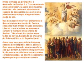 Irmãs e irmãos do Evangelho, a
Ascensão do Senhor é o "coroamento de
uma caminhada". É assim que devemos
entender: não como um abandono ou
espécie de despedida; mas como uma
missão cumprida que atinge um novo
modo de ser.
Mas não poderemos viver plenamente a
Ressurreição e Ascensão do Senhor
enquanto tiver irmãos nossos excluídos.
Libertar, curar e salvar as pessoas é
cumprir o mandato missionário do
Senhor: "Ide e fazei discípulos meus
todos os povos, batizando-os em nome
do Pai e do Filho e do Espírito Santo...”.
Jesus quer ver-nos subindo todos os
andares dos hospitais, asilos, cadeias.
Quer ver-nos levando alento e conforto
aos que sofrem. Levando uma palavra de
fé, de amor e de otimismo aos excluídos
e marginalizados. Só assim receberemos
o passaporte para subirmos ao céu.
 