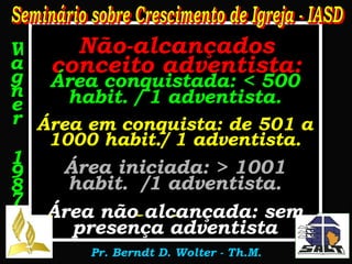 Não-alcançados: É um grupo de pessoas dentro do qual não há uma comunidade de crentes cristãos autóctone (pertencentes ao grupo em suas características)   sem necessidade de assistência de pessoas de fora do grupo cultural. Wagner 1987 Não-alcançados conceito adventista: Área conquistada: < 500 habit. / 1 adventista. Área em conquista: de 501 a 1000 habit./ 1 adventista. Área iniciada: > 1001 habit.  /1 adventista. Área não alcançada: sem presença adventista 