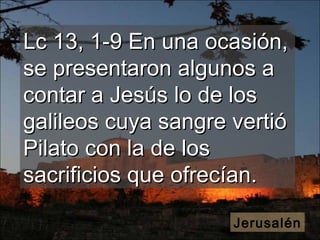 Lc 13, 1-9 En una ocasión, se presentaron algunos a contar a Jesús lo de los galileos cuya sangre vertió Pilato con la de los sacrificios que ofrecían.  Jerusalén 