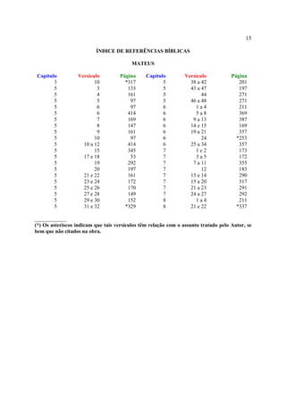 15

                          ÍNDICE DE REFERÊNCIAS BÍBLICAS

                                          MATEUS

 Capítulo         Versículo          Página     Capítulo         Versículo           Página
        3                10            *317            5           38 a 42              201
        5                 3             133            5           43 a 47              197
        5                 4             161            5                44              271
        5                 5              97            5           46 a 48              271
        5                 6              97            6             1a4                211
        5                 6             414            6             5a8                369
        5                 7             169            6            9 a 13              387
        5                 8             147            6           14 e 15              169
        5                 9             161            6           19 a 21              357
        5                10              97            6                24             *253
        5           10 a 12             414            6           25 a 34              357
        5                15             345            7             1e2                173
        5           17 e 18              53            7             3a5                172
        5                19             292            7            7 a 11              355
        5                20             197            7                12              183
        5           21 e 22             161            7           13 e 14              290
        5           23 e 24             172            7           15 a 20              317
        5           25 e 26             170            7           21 a 23              291
        5           27 e 28             149            7           24 a 27              292
        5           29 e 30             152            8             1a4                211
        5           31 e 32            *329            8           21 e 22             *337

____________
(*) Os asteriscos indicam que tais versículos têm relação com o assunto tratado pelo Autor, se
bem que não citados na obra.
 