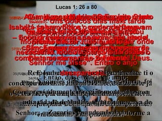 34(BV)-   Maria perguntou ao anjo: “ Mas como posso ter um filho? Eu sou uma virgem”. 34(RA)-   Então, disse Maria ao anjo:  Como será isto, pois não tenho relação com homem algum? 35(BV)-   O anjo respondeu: “O Espírito Santo virá sobre você e o poder de Deus a cobrirá com a sua sombra; por isso a criança que vai nascer de você será completamente santa – o Filho de Deus. 35(RA)-   Respondeu-lhe o anjo: Descerá sobre ti o Espírito Santo, e o poder do Altíssimo te envolverá com a sua sombra; por isso, também o ente santo que há de nascer será chamado Filho de Deus. 36(BV)-   Além disso, há seis meses sua prima Isabel – ‘a sem filhos’, como a chamavam – ficou grávida em sua avançada idade!  37(BV)-   Sim, porque todas as promessas de Deus se cumprirão fielmente”. 36(RA)-   E Isabel, tua parenta, igualmente concebeu um filho na sua velhice, sendo este já o sexto mês para aquela que diziam ser estéril.  37(RA)-   Porque para Deus não haverá impossíveis em todas as suas promessas. Lucas 1: 26 a 80 38(BV)-   Maria disse: “ Eu sou a serva do Senhor, e estou pronta a fazer tudo quanto for necessário. Que aconteça tudo o que o Senhor me disse”. Então o anjo desapareceu. 38(RA)-   Então, disse Maria: Aqui está a serva do Senhor; que se cumpra em mim conforme a tua palavra. E o anjo se ausentou dela. 39e40(BV)-  Uns poucos dias mais tarde Maria foi às pressas às terras montanhosas da Judéia, ao lugar onde Zacarias morava, para visitar Isabel. 39(RA)-   Naqueles dias, dispondo-se Maria, foi apressadamente à região montanhosa, a uma cidade de Judá,  40(RA)- entrou na casa de Zacarias e saudou Isabel. 