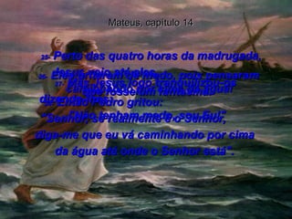 Mateus, capítulo 14 25-  Perto das quatro horas da madrugada, Jesus veio até eles,  caminhando por cima da água!  26-  Eles gritaram de medo, pois pensaram que fosse um fantasma.  27-  Mas Jesus logo tranquilizou-os  dizendo-lhes:  "Não tenham medo, sou Eu!"  28-  Então Pedro gritou:  "Senhor, se realmente é o Senhor,  diga-me que eu vá caminhando por cima  da água até onde o Senhor está".  