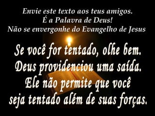 Envie este texto aos teus amigos. É a Palavra de Deus! Não se envergonhe do Evangelho de Jesus  Se você for tentado, olhe bem. Deus providenciou uma saída. Ele não permite que você seja tentado além de suas forças. 