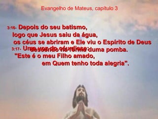 Evangelho de Mateus, capítulo 3 3:16-   Depois do seu batismo,  logo que Jesus saiu da água,  os céus se abriram e Ele viu o Espírito de Deus descendo na forma duma pomba.  3:17-   Uma voz do céu disse:  "Este é o meu Filho amado,  em Quem tenho toda alegria".  