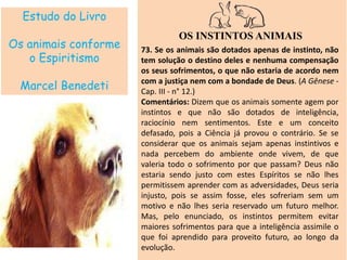 Estudo do Livro
Os animais conforme
o Espiritismo
Marcel Benedeti
OS INSTINTOS ANIMAIS
73. Se os animais são dotados apenas de instinto, não
tem solução o destino deles e nenhuma compensação
os seus sofrimentos, o que não estaria de acordo nem
com a justiça nem com a bondade de Deus. (A Gênese -
Cap. III - n° 12.)
Comentários: Dizem que os animais somente agem por
instintos e que não são dotados de inteligência,
raciocínio nem sentimentos. Este e um conceito
defasado, pois a Ciência já provou o contrário. Se se
considerar que os animais sejam apenas instintivos e
nada percebem do ambiente onde vivem, de que
valeria todo o sofrimento por que passam? Deus não
estaria sendo justo com estes Espíritos se não lhes
permitissem aprender com as adversidades, Deus seria
injusto, pois se assim fosse, eles sofreriam sem um
motivo e não lhes seria reservado um futuro melhor.
Mas, pelo enunciado, os instintos permitem evitar
maiores sofrimentos para que a inteligência assimile o
que foi aprendido para proveito futuro, ao longo da
evolução.
 