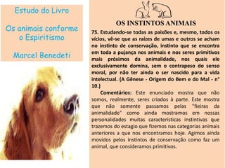 Estudo do Livro
Os animais conforme
o Espiritismo
Marcel Benedeti
OS INSTINTOS ANIMAIS
75. Estudando-se todas as paixões e, mesmo, todos os
vícios, vê-se que as raízes de umas e outros se acham
no instinto de conservação, instinto que se encontra
em toda a pujança nos animais e nos seres primitivos
mais próximos da animalidade, nos quais ele
exclusivamente domina, sem o contrapeso do senso
moral, por não ter ainda o ser nascido para a vida
intelectual. (A Gênese - Origem do Bem e do Mal - n°
10.)
Comentários: Este enunciado mostra que não
somos, realmente, seres criados à parte. Este mostra
que não somente passamos pelas "fieiras da
animalidade" como ainda mostramos em nossas
personalidades muitas características instintivas que
trazemos do estagio que fizemos nas categorias animais
anteriores a que nos encontramos hoje. Agimos ainda
movidos pelos instintos de conservação como faz um
animal, que consideramos primitivos.
 