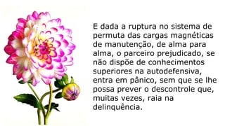 E dada a ruptura no sistema de
permuta das cargas magnéticas
de manutenção, de alma para
alma, o parceiro prejudicado, se
não dispõe de conhecimentos
superiores na autodefensiva,
entra em pânico, sem que se lhe
possa prever o descontrole que,
muitas vezes, raia na
delinquência.
 