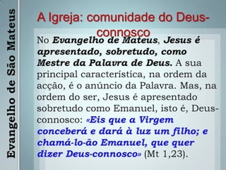 Uma Igreja bem organizadaAntes da reforma litúrgica levada a cabo depois do Concílio Vaticano II, o Evangelho de Mateus era praticamente o único a ser lido aos domingos. Isto porque, ao apresentar-se dividido em grandes discursos ou catequeses, espelha uma Igreja bem organizada.
