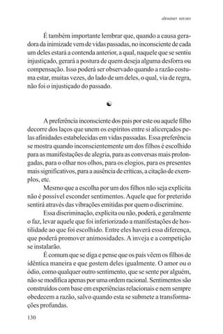 adenáuer novaes


       É também importante lembrar que, quando a causa gera-
dora da inimizade vem de vidas passadas, no inconsciente de cada
um deles estará a contenda anterior, a qual, naquele que se sentiu
injustiçado, gerará a postura de quem deseja alguma desforra ou
compensação. Isso poderá ser observado quando a razão costu-
ma estar, muitas vezes, do lado de um deles, o qual, via de regra,
não foi o injustiçado do passado.

                                ☯

       A preferência inconsciente dos pais por este ou aquele filho
decorre dos laços que unem os espíritos entre si alicerçados pe-
las afinidades estabelecidas em vidas passadas. Essa preferência
se mostra quando inconscientemente um dos filhos é escolhido
para as manifestações de alegria, para as conversas mais prolon-
gadas, para o olhar nos olhos, para os elogios, para os presentes
mais significativos, para a ausência de críticas, a citação de exem-
plos, etc.
       Mesmo que a escolha por um dos filhos não seja explícita
não é possível esconder sentimentos. Aquele que for preterido
sentirá através das vibrações emitidas por quem o discrimine.
       Essa discriminação, explícita ou não, poderá, e geralmente
o faz, levar aquele que foi inferiorizado a manifestações de hos-
tilidade ao que foi escolhido. Entre eles haverá essa diferença,
que poderá promover animosidades. A inveja e a competição
se instalarão.
       É comum que se diga e pense que os pais vêem os filhos de
idêntica maneira e que gostem deles igualmente. O amor ou o
ódio, como qualquer outro sentimento, que se sente por alguém,
não se modifica apenas por uma ordem racional. Sentimentos são
construídos com base em experiências relacionais e nem sempre
obedecem a razão, salvo quando esta se submete a transforma-
ções profundas.
130
 