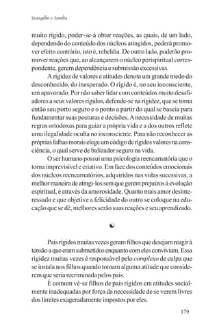 Evangelho e Família


muito rígido, poder-se-á obter reações, as quais, de um lado,
dependendo do conteúdo dos núcleos atingidos, poderá promo-
ver efeito contrário, isto é, rebeldia. De outro lado, poderão pro-
mover reações que, ao alcançarem o núcleo perispiritual corres-
pondente, gerem dependência e submissão excessivas.
       A rigidez de valores e atitudes denota um grande medo do
desconhecido, do inesperado. O rígido é, no seu inconsciente,
um apavorado. Por não saber lidar com conteúdos muito desafi-
adores a seus valores rígidos, defende-se na rigidez, que se torna
então seu porto seguro e o ponto a partir do qual se baseia para
fundamentar suas posturas e decisões. A necessidade de muitas
regras ortodoxas para guiar a própria vida e a dos outros reflete
uma ilegalidade oculta no inconsciente. Para não reconhecer as
próprias falhas morais elege um código de rígidos valores na cons-
ciência, o qual serve de balizador seguro na vida.
       O ser humano possui uma psicologia reencarnatória que o
torna imprevisível e criativo. Em face dos conteúdos emocionais
dos núcleos reencarnatórios, adquiridos nas vidas sucessivas, a
melhor maneira de atingi-los sem que gerem prejuízos à evolução
espiritual, é através da amorosidade. Quanto mais amor desinte-
ressado e que objetive a felicidade do outro se coloque na edu-
cação que se dê, melhores serão suas reações e seu aprendizado.

                                ☯

       Pais rígidos muitas vezes geram filhos que desejam reagir à
tensão a que eram submetidos enquanto com eles conviviam. Essa
rigidez muitas vezes é responsável pelo complexo de culpa que
se instala nos filhos quando tomam alguma atitude que conside-
rem que seria recriminada pelos pais.
       É comum vê-se filhos de pais rígidos em atitudes social-
mente inadequadas por força da necessidade de se verem livres
dos limites exageradamente impostos por eles.
                                                              179
 
