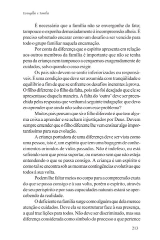 Evangelho e Família


       É necessário que a família não se envergonhe do fato;
tampouco o exponha demasiadamente à incompreensão alheia. É
preciso sobretudo encarar como um desafio a ser vencido para
todo o grupo familiar naquela encarnação.
       Por conta da diferença que o espírito apresenta em relação
aos outros membros da família é importante que não se tenha
pena da criança nem tampouco a cerquemos exageradamente de
cuidados, salvo quando o caso exigir.
       Os pais não devem se sentir inferiorizados ou responsá-
veis. É uma condição que deve ser assumida com tranqüilidade e
equilíbrio a fim de que se enfrente os desafios inerentes à prova.
O filho diferente é o filho da falta, pois não foi desejado que ele se
apresentasse daquela maneira. A falta do ‘outro’ deve ser preen-
chida pelas respostas que venham à seguinte indagação: que devo
eu aprender que ainda não saiba com esse problema?
       Muitos pais pensam que só o filho diferente é que tem algu-
ma coisa a aprender e se acham injustiçados por Deus. Devem
sempre entender que o filho diferente lhe vem ensinar algo impor-
tantíssimo para sua evolução.
       A criança portadora de uma diferença deve ser vista como
uma pessoa, isto é, um espírito que tem uma bagagem de conhe-
cimentos oriundos de vidas passadas. Não é indefeso, ou está
sofrendo sem que possa suportar, ou mesmo sem que não esteja
entendendo o que se passa consigo. A criança é um espírito e
como tal se encontra sob as mesmas contingências evolutivas que
todos à sua volta.
       Podem lhe faltar meios no corpo para a compreensão exata
do que se passa consigo e à sua volta, porém o espírito, através
de seu perispírito e por suas capacidades naturais estará se aper-
cebendo da realidade.
       O deficiente na família surge como alguém que dela merece
atenção e cuidados. Deve ela se reestruturar face à sua presença,
a qual traz lições para todos. Não deve ser discriminado, mas sua
diferença considerada como símbolo do processo a que pertence
                                                                213
 