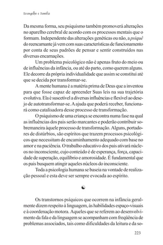 Evangelho e Família


Da mesma forma, seu psiquismo também promoverá alterações
no aparelho cerebral de acordo com os processos mentais que o
formam. Independente das alterações genéticas ou não, a psiquê
do reencarnante já vem com suas características de funcionamento
por conta de seus padrões de pensar e sentir construídos nas
diversas encarnações.
       Um problema psicológico não é apenas fruto do meio ou
de influências da infância, ou até do parto, como querem alguns.
Ele decorre da própria individualidade que assim se constitui até
que se decida por transformar-se.
       A mente humana é a matéria prima de Deus que a inventou
para que fosse capaz de apreender Suas leis na sua trajetória
evolutiva. Ela é suscetível a diversas influências e flexível ao dese-
jo de autotransformar-se. A ajuda que poderá receber, funciona-
rá como catalisadora desse processo de transformação.
       O psiquismo de uma criança se encontra numa fase na qual
as influências dos pais serão marcantes e poderão contribuir so-
bremaneira àquele processo de transformação. Alguns, portado-
res de distúrbios, são espíritos que trazem processos psicológi-
cos que necessitam de encaminhamento adequado com base no
amor e na paciência. O trabalho educativo dos pais ativará núcle-
os no inconsciente, cujo conteúdo é de esperança, força, capaci-
dade de superação, equilíbrio e amorosidade. É fundamental que
os pais busquem atingir aqueles núcleos do inconsciente.
       Toda a psicologia humana se baseia na vontade de realiza-
ção pessoal e esta deve ser sempre evocada ao espírito.

                                 ☯

      Os transtornos psíquicos que ocorrem na infância geral-
mente dizem respeito à linguagem, às habilidades espaço-visuais
e à coordenação motora. Aqueles que se referem ao desenvolvi-
mento da fala e da linguagem se acompanham com freqüência de
problemas associados, tais como dificuldades da leitura e da so-
                                                                223
 
