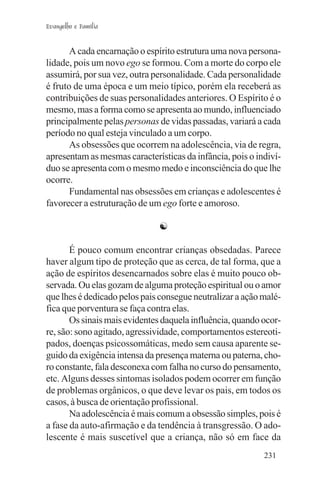 Evangelho e Família


       A cada encarnação o espírito estrutura uma nova persona-
lidade, pois um novo ego se formou. Com a morte do corpo ele
assumirá, por sua vez, outra personalidade. Cada personalidade
é fruto de uma época e um meio típico, porém ela receberá as
contribuições de suas personalidades anteriores. O Espírito é o
mesmo, mas a forma como se apresenta ao mundo, influenciado
principalmente pelas personas de vidas passadas, variará a cada
período no qual esteja vinculado a um corpo.
       As obsessões que ocorrem na adolescência, via de regra,
apresentam as mesmas características da infância, pois o indiví-
duo se apresenta com o mesmo medo e inconsciência do que lhe
ocorre.
       Fundamental nas obsessões em crianças e adolescentes é
favorecer a estruturação de um ego forte e amoroso.

                              ☯

       É pouco comum encontrar crianças obsedadas. Parece
haver algum tipo de proteção que as cerca, de tal forma, que a
ação de espíritos desencarnados sobre elas é muito pouco ob-
servada. Ou elas gozam de alguma proteção espiritual ou o amor
que lhes é dedicado pelos pais consegue neutralizar a ação malé-
fica que porventura se faça contra elas.
       Os sinais mais evidentes daquela influência, quando ocor-
re, são: sono agitado, agressividade, comportamentos estereoti-
pados, doenças psicossomáticas, medo sem causa aparente se-
guido da exigência intensa da presença materna ou paterna, cho-
ro constante, fala desconexa com falha no curso do pensamento,
etc. Alguns desses sintomas isolados podem ocorrer em função
de problemas orgânicos, o que deve levar os pais, em todos os
casos, à busca de orientação profissional.
       Na adolescência é mais comum a obsessão simples, pois é
a fase da auto-afirmação e da tendência à transgressão. O ado-
lescente é mais suscetível que a criança, não só em face da
                                                           231
 