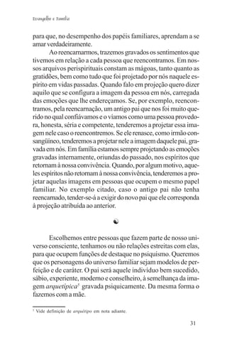 Evangelho e Família


para que, no desempenho dos papéis familiares, aprendam a se
amar verdadeiramente.
       Ao reencarnarmos, trazemos gravados os sentimentos que
tivemos em relação a cada pessoa que reencontramos. Em nos-
sos arquivos perispirituais constam as mágoas, tanto quanto as
gratidões, bem como tudo que foi projetado por nós naquele es-
pírito em vidas passadas. Quando falo em projeção quero dizer
aquilo que se configura a imagem da pessoa em nós, carregada
das emoções que lhe endereçamos. Se, por exemplo, reencon-
tramos, pela reencarnação, um antigo pai que nos foi muito que-
rido no qual confiávamos e o víamos como uma pessoa provedo-
ra, honesta, séria e competente, tenderemos a projetar essa ima-
gem nele caso o reencontremos. Se ele renasce, como irmão con-
sangüíneo, tenderemos a projetar nele a imagem daquele pai, gra-
vada em nós. Em família estamos sempre projetando as emoções
gravadas internamente, oriundas do passado, nos espíritos que
retornam à nossa convivência. Quando, por algum motivo, aque-
les espíritos não retornam à nossa convivência, tenderemos a pro-
jetar aquelas imagens em pessoas que ocupem o mesmo papel
familiar. No exemplo citado, caso o antigo pai não tenha
reencarnado, tender-se-á a exigir do novo pai que ele corresponda
à projeção atribuída ao anterior.

                                         ☯

      Escolhemos entre pessoas que fazem parte de nosso uni-
verso consciente, tenhamos ou não relações estreitas com elas,
para que ocupem funções de destaque no psiquismo. Queremos
que os personagens do universo familiar sejam modelos de per-
feição e de caráter. O pai será aquele indivíduo bem sucedido,
sábio, experiente, moderno e conselheiro, à semelhança da ima-
gem arquetípica5 gravada psiquicamente. Da mesma forma o
fazemos com a mãe.

5
    Vide definição de arquétipo em nota adiante.

                                                             31
 