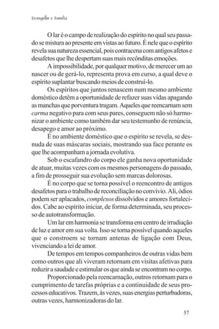 Evangelho e Família


       O lar é o campo de realização do espírito no qual seu passa-
do se mistura ao presente em vistas ao futuro. É nele que o espírito
revela sua natureza essencial, pois contracena com antigos afetos e
desafetos que lhe despertam suas mais recônditas emoções.
       A impossibilidade, por qualquer motivo, de merecer um ao
nascer ou de gerá-lo, representa prova em curso, a qual deve o
espírito suplantar buscando meios de construí-lo.
       Os espíritos que juntos renascem num mesmo ambiente
doméstico detêm a oportunidade de refazer suas vidas apagando
as manchas que porventura tragam. Aqueles que reencarnam sem
carma negativo para com seus pares, conseguem não só harmo-
nizar o ambiente como também dar seu testemunho de renúncia,
desapego e amor ao próximo.
       É no ambiente doméstico que o espírito se revela, se des-
nuda de suas máscaras sociais, mostrando sua face perante os
que lhe acompanham a jornada evolutiva.
       Sob o escafandro do corpo ele ganha nova oportunidade
de atuar, muitas vezes com os mesmos personagens do passado,
a fim de prosseguir sua evolução sem marcas dolorosas.
       É no corpo que se torna possível o reencontro de antigos
desafetos para o trabalho de reconciliação no convívio. Ali, ódios
podem ser aplacados, complexos dissolvidos e amores fortaleci-
dos. Cabe ao espírito iniciar, de forma determinada, seu proces-
so de autotransformação.
       Um lar em harmonia se transforma em centro de irradiação
de luz e amor em sua volta. Isso se torna possível quando aqueles
que o constroem se tornam antenas de ligação com Deus,
vivenciando a lei de amor.
       De tempos em tempos companheiros de outras vidas bem
como outros que ali viveram retornam em visitas afetivas para
reduzir a saudade e estimular os que ainda se encontram no corpo.
       Proporcionado pela reencarnação, outros retornam para o
cumprimento de tarefas próprias e a continuidade de seus pro-
cessos educativos. Trazem, às vezes, suas energias perturbadoras,
outras vezes, harmonizadoras do lar.
                                                                57
 