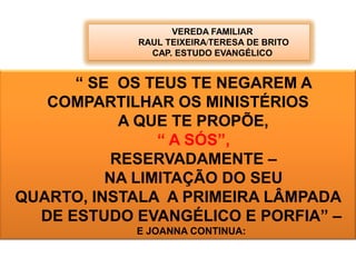 PARA QUE RESGUARDEMOS O NOSSO LAR DOS ESPÍRITOS SALTEADORES E VAGABUNDOS DAS TREVAS, FORMANDO BARREIRAS VIBRATÓRIASCAPAZES DE OS ISOLAR E PARA QUE POSSAMOS DISTENDER AOS NOSSOS IRMÃOS QUE SOFREM ,  OS BENEFÍCIOS QUE COLHEMOS COM A PRECE, MANTENHAMOS O CULTO DO EVANGELHO NO LAR.