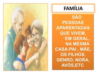FAMÍLIASÃO PESSOAS APARENTADAS QUE VIVEM, EM GERAL,  NA MESMA CASA:PAI , MÃE, OS FILHOS, GENRO, NORA, AVÓS,ETC.