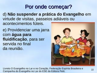 d) Não suspender a prática do Evangelho em
virtude de visitas, passeios adiáveis ou
acontecimentos fúteis.
e) Providenciar uma jarra
com água para
fluidificação, para ser
servida no final
da reunião.
Por onde começar?Por onde começar?
Livreto O Evangelho no Lar e no Coração, Federação Espírita Brasileira e
Campanha do Evangelho no Lar do ESE da Editora Petit.
22
 