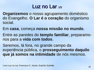 Organizemos o nosso agrupamento doméstico
do Evangelho. O Lar é o coração do organismo
social.
Em casa, começa nossa missão no mundo.
Entre as paredes do templo familiar, preparamo-
nos para a vida com todos.
Seremos, lá fora, no grande campo da
experiência pública, o prosseguimento daquilo
que já somos na intimidade de nós mesmos.
Luz no LarLuz no Lar 1/31/3
Livro Luz no Lar, Francisco C. Xavier, Espírito Scheilla
32
 