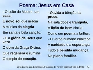 - O culto do Mestre, em
casa,
É novo sol que irradia
A música da alegria
Em santa e bela canção.
- É a glória de Deus que
vaza
O dom da Graça Divina,
Que regenera e ilumina
O templo do coração.
Livro Luz no Lar, Emmanuel, Francisco C. Xavier, espírito Irene S. Pinto 34
- Ouvida a bênção da
prece,
Na sala doce e tranquila,
A lição do bem cintila
Como um poema a brilhar.
- O verbo humano enaltece
A caridade e a esperança,
Tudo é bendita mudança
No plano familiar.
Poema: Jesus em CasaPoema: Jesus em Casa
 