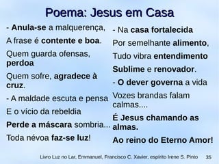 - Anula-se a malquerença,
A frase é contente e boa.
Quem guarda ofensas,
perdoa
Quem sofre, agradece à
cruz.
- A maldade escuta e pensa
E o vício da rebeldia
Perde a máscara sombria...
Toda névoa faz-se luz!
Livro Luz no Lar, Emmanuel, Francisco C. Xavier, espírito Irene S. Pinto 35
- Na casa fortalecida
Por semelhante alimento,
Tudo vibra entendimento
Sublime e renovador.
- O dever governa a vida
Vozes brandas falam
calmas....
É Jesus chamando as
almas.
Ao reino do Eterno Amor!
Poema: Jesus em CasaPoema: Jesus em Casa
 