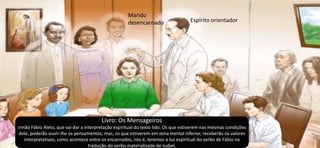 Livro: Os Mensageiros
irmão Fábio Aleto, que vai dar a interpretação espiritual do texto lido. Os que estiverem nas mesmas condições
dele, poderão ouvir-lhe os pensamentos; mas, os que estiverem em zona mental inferior, receberão os valores
interpretativos, como acontece entre os encarnados, isto é, teremos a luz espiritual do verbo de Fábio na
tradução do verbo materializado de Isabel.
Marido
desencarnado Espírito orientador
 