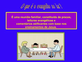 O  que  é  o  evangelho  no  lar ? É uma reunião familiar, constituída de preces, leituras evangélicas e comentários edificantes com base nos ensinamentos de Jesus.   