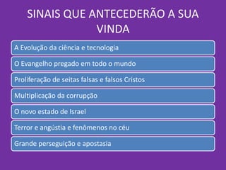 SINAIS QUE ANTECEDERÃO A SUA
VINDA
A Evolução da ciência e tecnologia
O Evangelho pregado em todo o mundo
Proliferação de seitas falsas e falsos Cristos
Multiplicação da corrupção
O novo estado de Israel
Terror e angústia e fenômenos no céu
Grande perseguição e apostasia
 
