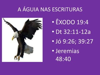 A ÁGUIA NAS ESCRITURAS
• ÊXODO 19:4
• Dt 32:11-12a
• Jó 9:26; 39:27
• Jeremias
48:40
 