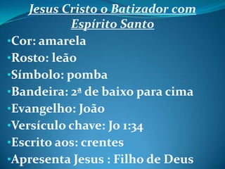 Jesus Cristo o Batizador com
Espírito Santo
•Cor: amarela
•Rosto: leão
•Símbolo: pomba
•Bandeira: 2ª de baixo para cima
•Evangelho: João
•Versículo chave: Jo 1:34
•Escrito aos: crentes
•Apresenta Jesus : Filho de Deus
 