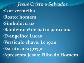 Jesus Cristo o Salvador
•Cor: vermelha
•Rosto: homem
•Símbolo: cruz
•Bandeira: 1ª de baixo para cima
•Evangelho: Lucas
•Versículo chave: Lc 19:10
•Escrito aos: gregos
•Apresenta Jesus: Filho do Homem
 