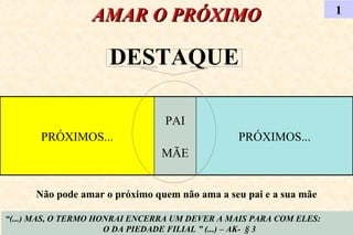 AMAR O PRÓXIMO 1 “ (...) MAS, O TERMO HONRAI ENCERRA UM DEVER A MAIS PARA COM ELES:  O DA PIEDADE FILIAL ” (...) – AK-  § 3 DESTAQUE Não pode amar o próximo quem não ama a seu pai e a sua mãe PRÓXIMOS... PAI MÃE PRÓXIMOS... 