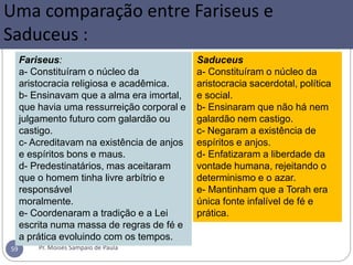 Uma comparação entre Fariseus e
Saduceus :
Pr. Moisés Sampaio de Paula59
Fariseus:
a- Constituíram o núcleo da
aristocracia religiosa e acadêmica.
b- Ensinavam que a alma era imortal,
que havia uma ressurreição corporal e
julgamento futuro com galardão ou
castigo.
c- Acreditavam na existência de anjos
e espíritos bons e maus.
d- Predestinatários, mas aceitaram
que o homem tinha livre arbítrio e
responsável
moralmente.
e- Coordenaram a tradição e a Lei
escrita numa massa de regras de fé e
a prática evoluindo com os tempos.
Saduceus
a- Constituíram o núcleo da
aristocracia sacerdotal, política
e social.
b- Ensinaram que não há nem
galardão nem castigo.
c- Negaram a existência de
espíritos e anjos.
d- Enfatizaram a liberdade da
vontade humana, rejeitando o
determinismo e o azar.
e- Mantinham que a Torah era
única fonte infalível de fé e
prática.
 