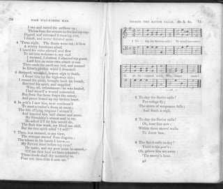 70 POOR WAY-FARING MAN.
I ran and raised the sufferer up ;
.Thrice from the stream he drained my cup.
Dipped, and returned it running o'er,
I drank, and never thirsted more.
4 Twas night. The floods were out; it blew
A wintry hurricane aloof,
I heard his voice abroad", and flew
To bid him welcome to my roof.
I warmed, I cl othed, I cheered my guest,
Laid him on mine own couch to rest
Then made the earth my bed, and seemed
In Eden's garden while I dreamed.
5 Stripped, wounded, beaten nigh to death,
I found him by the high-way side;
I roused his pulse, brought back his breath,
Revived his spirit, and supplied
Wine, oil, refreshment: he was healed,
I had myself a wound concealed,
Rut from that hour forgot the smart,
And peace bound up my broken heart.
6 In pris'n I saw him, next condemn'd
To meet a traitor's doom at mow ;
I he tide of lying tongues I s temm'd
And honored him 'mid shame and scorn.
My friendship's utmost zeal to try,
Me asked if I for him would die.
The flesh was weak, my blood ran chill,
Rut the free spirit cried " I will! "
7 Then, in a moment, to my view,
The stranger started from disguise;
J he tokens in his hands I knew,
My SAVIOR stood before my eyes!
/rw*S^ak6' an<* P00r name he named,-
Of me thou hast not been ashamed ;
J hese deeds shall thy memorial be,
rear not, thou didst it unto me."
*
TO-DAY THE SAVIOR CAI.L3. Gs & 4s. 71
-«—h
1 To - day the Saviour calls ! Yc wnnil'rers come;
-p5—~1
-£>-
*—<r—o &
^ l:cA s  ?
O, ye he - nighteil souls, Why longer
'.SZjKZM.
-r
roam ?
H I * - i :ll
2 To-day the Savior calls !
For refuge fly;
The storm of vengeance falls ;
And death is nigh.
3 To-day the Savior calls !
Oh, hear him now :
Within these sacred walls
To Jesus bow.
4 The Spirit calls to-day 1
Yield to his pow'r :
Oh, grieve him not away ;
'Tis mercy's hour.
hM
 