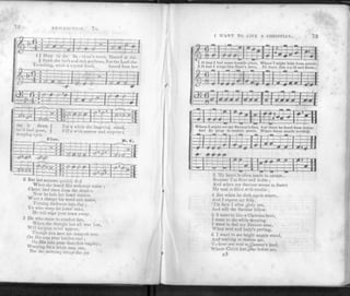 ItE-il JtEt'TJON. /S.
s
si m
1( Mary to the Sa - viour's tomb, Hasted at the
£ S pice she hro't and rich perfume, But the Lord she
.Trembling, while a crystal (loud, Issued from her
1 ( Maty
( Spicc
ft
^-^z^}^z^zzzl:3zszszg.
U2:Z(T±£Z£ z
?Z?
if:
&—0—&—ZL
m
•e's-
J • fc, mI | — f
al, j ,'-v dawn. ? For n while she lingeiing stood,
> < had gone, j FilI'd with sorrow and surprise:
•eeping eyes. 1
— Fine. n
SSI
=z-dzf:z:=f4|
J_l— j iifii 1 1 1 5 2
zslwsiwA
iSISfeSiiiSg
o t>... r?_ ~ri—-c
2 But iter sorrows quickly fled
When she heard His welcome voice ;
Christ had risen front the dead—
Novv he bids her heart rejoice.
Wiiat a change his word can make,
Turning darkness into day ;
l e who weep for Jesus' sake,
He will wipe your tears away.
•I He who came to comfort her,
ixr^ii rCn s'le t'10nSht her all was lost,
will for your relief appear,
Though you now are tempest tost.
On His arm your burden cast;
On His love your thoughts emptor ;
Weeping for a while maj last,
But the morning brings the joy.
I WANT TO LIVE A CHRISTIAN. 73
=1:
Whe
An
_a_ Fid >-rfl
=1:
Whe
An
ro I might see
il fly away t
FtW
ly Saviour's face, And there be freed from terror,
realm's above, Where Jesus stands inviting.
FffFflrlTTTrTTn
zJ±0^:+i^:«:jz
 - v t
^JJJ
—Lw—
b - HI
•1 My heart is often made to mourn,
Because I'm faint and feeble,;
And when my Saviour seems to frown
My souJ is filled with trouble ;
4 But when lie doth again return,
And I repent my folly,
'Tis then I after glory run,
And still the Saviour follow.
I want to live a Christian here,
I want to die while shouting:
1 want to feel my Saviour near.
When soul and body's parting.
C>I want to see bright angels stand,
And waiting to receive me,
To bear my soul to^Canaan's land,
Where Christ has gone before mo.
F.3
 