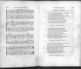 188 WASHINGTON' CONTINUED.
~imm§ £ ±
fuel liim ours, His ful • ncss in our souls he
-t +-
PS
pours: 'Tis almost done, 'lis almost o'er; We'll
-*&r~
4:
mm i=?
Ores.
t
=
P
*
j .
For.
IE
join wr
=t
ith those who've gone be - fore, We soon shall
P-*~T
. t=lat
reach the blissful shore, We soon shall meet to part no more.
Eseising
EVANGELICAL HARP.
Antliem of Harmony.
2 We're soldiers fighting for our God,
Let trembling cowards fly ;
We'll stand unshakened, firm and fix'd,
With Christ to live and die.
Let devils rage, and hell assail,
We'll fight our passage through ;
Let foes unite, and friends desert,
We'll seize the crown in view.
CHORUS—" A Savior !" &c.
3 The little cloud increases still,
The heavens are big with rain ;
We wait to catch the teeming shower,
And all its moisture drain ;
A rill, a stream, a torrent flows,
But pour a mighty flood;
O sweep the nation, shake the earth,
Till all proclaim thee God.
CHORUS—" A Savior !" &c.
4 And when thou makest thy jewels up.
And set'st thy starry crown,
When all thy sparkling gems shall shine,
Proclaim'd by thee thine own ;
May we a little band of love,
We sinners, saved by grace,
From glory unto glory changed,
Behold thee face to face.
CHORUS—" A Savior !" &e.
 