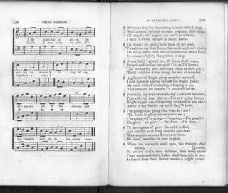 138 DYING PILGRIM.
1 My soul's full
Could I meet
of glo - rj, in-
with an - gels I'd
" '| ~ * 0 j '1
4—1 —h-
—f- j : i-
spir - ing my tongue )
sing them a song; )
:|
I'd sing of my
- ::
* 1
=Tf-^:Zj ^4*
L£=l J ' fcJ
to
rb" ^E-LLULJ-
Je - sus and tell of
_J—L [Jzzi
his charms, And
^=f-f =F=
|_L——— —
P f 4 ' * 0 "r - II
S=j=-
beg them to bear me t
zzT1zzzzztzz--zz:
his loving arms.
f i T T l 4 T T 1 1
lEE=f35B
EVANGELICAL HARP.
2 Methinks they're descending to hear while 1 sing,
Well pleased to hear mortals praising their king ;
0! angels,-O ! a
ngels, my soul's in a flame,
1 faint in sweet rapture at Jesus' name.
3 Oh Jesus! oh Jesus! thou balm of my soul,
'Twas thou, my dear Jesus, that made my heart whole;
Oh bring me to view thee, thou precious sweet King,
In oceans of glory thy praises to sing.
4 Sweet Spirit! attend me, till Jesus shall come,
Protect and defend me until I'm call'd home;
Tho' worms my poor body may claim as their prey,
'Twill outshine when rising, the sun at noonday.
5 A glimpse of bright glory surprise my soul,
I sink in sweet visions to view the bright goal ;
My soul, while I'm singing, is leaping to go,
This moment for heaven I'd leave all below.
0 Farewell, my dear brethren, my Lord bids me come,
Farewell, my dear sisters,—I'm now going home ;
Bright angels are whispering so sweet in my ear,-
Away to my Savior my spirit they'll bear.
7 I'm going,-I'm going; but what do I see!
'Tis Jesus in glory appears unto me ;
I'm going,—I'm going,—I'm going,—I'm gone !—
Oh, glory ! oh glory !—'tis done,—it is done.—
8 To the regions of glory the spirit is fled,
And left this poor body inactive and dead ;
With angelic armies for ever to blaze,
On Jesus' beauties for ever to gaze.
9 When the six seals shall open, the trumpet shall
sound, [ground;
To awake God's dear children, that sleep under
Their souls and their bodies shall then join in one,
And each from their Savior receive a bright crown,
i
 