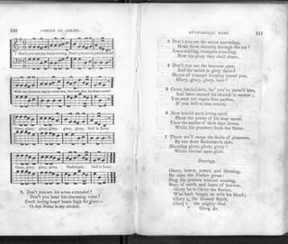 150 COMING OF CIlltlST.
I Don't you see my Jesus coining, Don't you see in yonder cloud?
With ten thousand angels round him, See how they my Jesus crowd
Hallelujah, God is Love.
2. Don't you see his arms extended ?
Don't you hear his charming voice ?
Each loving heart beats high for glory—
O, my Jesus is my choice.
EVANGELICAL IIARP.
Don't you see the saints ascending,
Hear them shouting through the air ?
Jesus smi
ling, trumpets sounding,
Now his glory they shall share.
4 Don't you see the heavens open,
And the saints in glory there?
Shouts of triumph bursting round you,
Glory, glory, glory, here !
5 Come, backsliders, tho' you've piere'd him,
And have caused his church to mourn ;
You may yet regain free pardon,
If you will to him return.
6 Now behold each loving spirit
Shout the praise of his dear name,
View the smiles of their dear Jesus,
While his presence feeds the flame.
7 There we'll range the fields of pleasure,
By our dear Redeemer's side,
Shouting glory, glory, glory !
While eternal ages glide.
Doxology.
Glory, honor, power, and blessing,
Be unto the Father given :
Sing his praises without ceasing,
Sons of earth, and hosts of heaven.
Glory be to Christ the Savior,
Who hath bought, u s with his blood ;
Glory t0 the blessed Spirit,
Glory t the mighty God.
° Glory, 8fC.
 