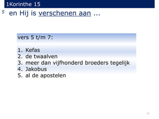 1Korinthe 15
27
5 en Hij is verschenen aan ...
vers 5 t/m 7:
1. Kefas
2. de twaalven
3. meer dan vijfhonderd broeders tegelijk
4. Jakobus
5. al de apostelen
 