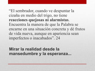 “El sembrador, cuando ve despuntar la
cizaña en medio del trigo, no tiene
reacciones quejosas ni alarmistas.
Encuentra la manera de que la Palabra se
encarne en una situación concreta y dé frutos
de vida nueva, aunque en apariencia sean
imperfectos o inacabados”. 24
Mirar la realidad desde la
mansedumbre y la esperanza...
 