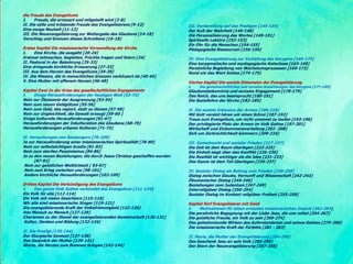 die Freude des Evangeliums
I. Freude, die erneuert und mitgeteilt wird [2-8]
II. Die süße und tröstende Freude des Evangelisierens [9-13]
Eine ewige Neuheit [11-13]
III. Die Neuevangelisierung zur Weitergabe des Glaubens [14-18]
Vorschlag und Grenzen dieses Schreibens [16-18]
Erstes Kapitel Die missionarische Verwandlung der Kirche
I. Eine Kirche, die ausgeht [20-24]
Erstmal mitmachen, begleiten, Früchte tragen und feiern [24]
II. Pastoral in der Bekehrung [25-33]
Eine dringende kirchliche Erneuerung [27-33]
III. Aus dem Herzen des Evangeliums [34-39]
IV. Die Mission, die in menschlichen Grenzen verkörpert ist [40-45]
V. Eine Mutter mit offenem Herzen [46-49]
Kapitel Zwei In der Krise des gesellschaftlichen Engagements
I. Einige Herausforderungen der heutigen Welt [52-75]
Nein zur Ökonomie der Ausgrenzung [53-54]
Nein zum neuen Geldgötzen [55-56]
Nein zum Geld, das regiert, statt zu dienen [57-58]
Nein zur Ungleichheit, die Gewalt erzeugt [59-60 ]
Einige kulturelle Herausforderungen [61-67]
Herausforderungen der Inkulturation des Glaubens [68-70]
Herausforderungen urbaner Kulturen [71-75]
II. Versuchungen von Seelsorgern [76-109]
Ja zur Herausforderung einer missionarischen Spiritualität [78-80]
Nein zur selbstsüchtigen Acedia [81-83]
Nein zum sterilen Pessimismus [84-86]
Ja zu den neuen Beziehungen, die durch Jesus Christus geschaffen wurden
[87-92]
Nein zur geistlichen Weltlichkeit [ 93-97]
Nein zum Krieg zwischen uns [98-101]
Andere kirchliche Herausforderungen [102-109]
Drittes Kapitel Die Verkündigung des Evangeliums
I. Das ganze Volk Gottes verkündet das Evangelium [111-134]
Ein Volk für alle [112-114]
Ein Volk mit vielen Gesichtern [115-118]
Wir alle sind missionarische Jünger [119-121]
Die evangelisierende Kraft der Volksfrömmigkeit [122-126]
Von Mensch zu Mensch [127-129]
Charismen zu der Dienst der evangelisierenden Gemeinschaft [130-131]
Kultur, Denken und Bildung [132-134]
II. Die Predigt [135-144]
Der liturgische Kontext [137-138]
Das Gespräch der Mutter [139-141]
Worte, die Herzen zum Brennen bringen [142-144]
III. Vorbereitung auf das Predigen [145-159]
Der Kult der Wahrheit [146-148]
Die Personalisierung des Wortes [149-151]
Spirituelle Lektüre [152-153]
Ein Ohr für die Menschen [154-155]
Pädagogische Ressourcen [156-159]
IV. Eine Evangelisierung zur Vertiefung des Kerygma [160-175]
Eine kerygmatische und mystagogische Katechese [163-168]
Persönliche Begleitung von Wachstumsprozessen [169-173]
Rund um das Wort Gottes [174-175]
Viertes Kapitel Die soziale Dimension der Evangelisierung
I. Die gemeinschaftlichen und sozialen Auswirkungen des Kerygma [177-185]
Glaubensbekenntnis und soziales Engagement [178-179]
Das Reich, das uns beansprucht [180-181]
Die Soziallehre der Kirche [182-185]
II. Die soziale Inklusion der Armen [186-216]
Mit Gott vereint hören wir einen Schrei [187-192]
Treue zum Evangelium, um nicht umsonst zu laufen [193-196]
Der privilegierte Platz der Armen im Volk Gottes [197-201]
Wirtschaft und Einkommensverteilung [202 -208]
Sich um Zerbrechlichkeit kümmern [209-216]
III. Gemeinwohl und sozialer Frieden [217-237]
Die Zeit ist dem Raum überlegen [222-225]
Die Einheit siegt über den Konflikt [226-230]
Die Realität ist wichtiger als die Idee [231-233]
Das Ganze ist dem Teil überlegen [234-237]
IV. Sozialer Dialog als Beitrag zum Frieden [238-258]
Dialog zwischen Glaube, Vernunft und Wissenschaft [242-243]
Ökumenischer Dialog [244-246]
Beziehungen zum Judentum [247-249]
Interreligiöser Dialog [250-254]
Sozialer Dialog im Kontext religiöser Freiheit [255-258]
Kapitel fünf Evangelisierer mit Geist
I. Motivationen für einen erneuten missionarischen Impuls [262-283]
Die persönliche Begegnung mit der Liebe Jesu, die uns rettet [264-267]
Die geistliche Freude, ein Volk zu sein [268-274]
Das geheimnisvolle Wirken des Auferstandenen und seines Geistes [275-280]
Die missionarische Kraft der Fürbitte [281 - 283]
II. Maria, die Mutter der Evangelisierung [284-288]
Das Geschenk Jesu an sein Volk [285-286]
Der Stern der Neuevangelisierung [287-288]
 