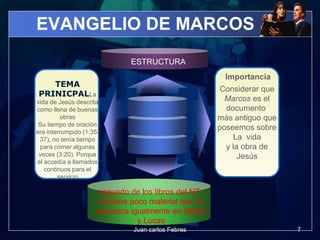 EVANGELIO DE MARCOS
TEMA
PRINICPALLa
vida de Jesús descrita
como llena de buenas
obras
Su tiempo de oración
era interrumpido (1:35-
37), no tenía tiempo
para comer algunas
veces (3:20). Porque
el accedía a llamados
continuos para el
servicio
Considerar que
Marcos es el
documento
más antiguo que
poseemos sobre
La vida
y la obra de
Jesús
Importancia
ESTRUCTURA
segundo de los libros del NT,
contiene poco material que no
aparezca igualmente en Mateo
y Lucas
7Juan carlos Febres
 