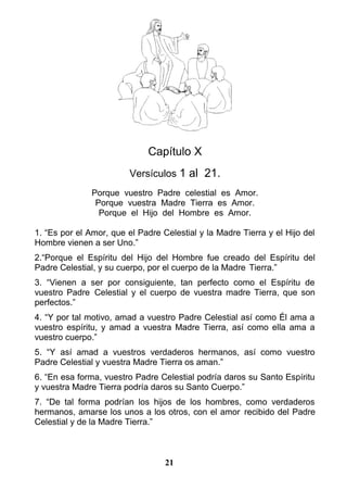 Capítulo X
Versículos 1 al 21.
Porque vuestro Padre celestial es Amor.
Porque vuestra Madre Tierra es Amor.
Porque el Hijo del Hombre es Amor.
1. “Es por el Amor, que el Padre Celestial y la Madre Tierra y el Hijo del
Hombre vienen a ser Uno.”
2.“Porque el Espíritu del Hijo del Hombre fue creado del Espíritu del
Padre Celestial, y su cuerpo, por el cuerpo de la Madre Tierra.”
3. “Vienen a ser por consiguiente, tan perfecto como el Espíritu de
vuestro Padre Celestial y el cuerpo de vuestra madre Tierra, que son
perfectos.”
4. “Y por tal motivo, amad a vuestro Padre Celestial así como Él ama a
vuestro espíritu, y amad a vuestra Madre Tierra, así como ella ama a
vuestro cuerpo.”
5. “Y así amad a vuestros verdaderos hermanos, así como vuestro
Padre Celestial y vuestra Madre Tierra os aman.”
6. “En esa forma, vuestro Padre Celestial podría daros su Santo Espíritu
y vuestra Madre Tierra podría daros su Santo Cuerpo.”
7. “De tal forma podrían los hijos de los hombres, como verdaderos
hermanos, amarse los unos a los otros, con el amor recibido del Padre
Celestial y de la Madre Tierra.”
21
 