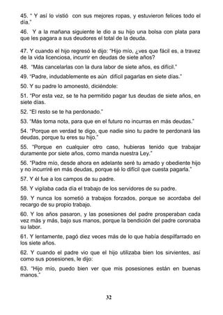 45. “ Y así lo vistió con sus mejores ropas, y estuvieron felices todo el
día.”
46. Y a la mañana siguiente le dio a su hijo una bolsa con plata para
que les pagara a sus deudores el total de la deuda.
47. Y cuando el hijo regresó le dijo: “Hijo mío, ¿ves que fácil es, a travez
de la vida licenciosa, incurrir en deudas de siete años?
48. “Más cancelarlas con la dura labor de siete años, es difícil.”
49. “Padre, indudablemente es aún difícil pagarlas en siete días.”
50. Y su padre lo amonestó, diciéndole:
51. “Por esta vez, se te ha permitido pagar tus deudas de siete años, en
siete días.
52. “El resto se te ha perdonado.”
53. “Más toma nota, para que en el futuro no incurras en más deudas.”
54. “Porque en verdad te digo, que nadie sino tu padre te perdonará las
deudas, porque tu eres su hijo.”
55. “Porque en cualquier otro caso, hubieras tenido que trabajar
duramente por siete años, como manda nuestra Ley.”
56. “Padre mío, desde ahora en adelante seré tu amado y obediente hijo
y no incurriré en más deudas, porque sé lo difícil que cuesta pagarla.”
57. Y él fue a los campos de su padre.
58. Y vigilaba cada día el trabajo de los servidores de su padre.
59. Y nunca los sometió a trabajos forzados, porque se acordaba del
recargo de su propio trabajo.
60. Y los años pasaron, y las posesiones del padre prosperaban cada
vez más y más, bajo sus manos, porque la bendición del padre coronaba
su labor.
61. Y lentamente, pagó diez veces más de lo que había despilfarrado en
los siete años.
62. Y cuando el padre vio que el hijo utilizaba bien los sirvientes, así
como sus posesiones, le dijo:
63. “Hijo mío, puedo bien ver que mis posesiones están en buenas
manos.”
32
 